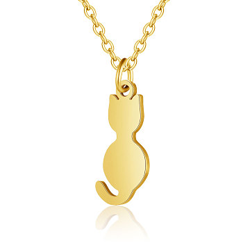 201 Stainless Steel Kitten Pendant Necklaces, with Cable Chains, Cat Silhouette, Golden, 15.7 inch(40cm), 1.5mm, Cat: 17.5x8x1mm
