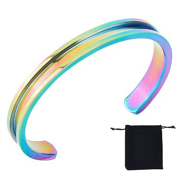 1Pc 304 Stainless Steel Grooved Bangles, Cuff Bangle, for Gemstone, Leather Inlay Bangle Making, with 1Pc Velvet Pouch, Rainbow Color, 1/4 inch(0.75cm), Inner Diameter: 2-3/8 inch(6.1cm)
