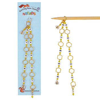 Alloy Hexagon & Enamel Bee Charm Knitting Row Counter Chains, Acrylic Number & Transparent Glass Beads Knitting Row Counter Chains, Golden, 35cm