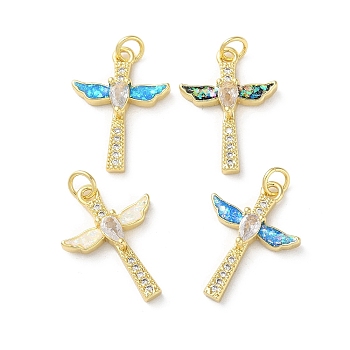 Brass Micro Pave Clear Cubic Zirconia Pendants, with Synthetic Opal and Jump Ring, Real 18K Gold Plated, Cross, 22x16x4.5mm, Hole: 3.6mm