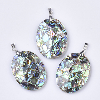 Double-Sided Natural Abalone Shell/Paua Shell Pendants, with Platinum Plated Random Brass Pendant Bails, Oval, Colorful, 40x30x8mm, Hole: 5x3~4mm