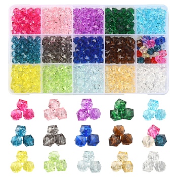 375Pcs 15 Colors Transparent Acrylic Beads, Faceted, Cube, Mixed Color, 8x8x7.5mm, Hole: 1.4mm, 25pcs/color