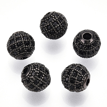 Rack Plating Brass Cubic Zirconia Beads, Long-Lasting Plated, Round, Gunmetal, 8x7mm, Hole: 2mm