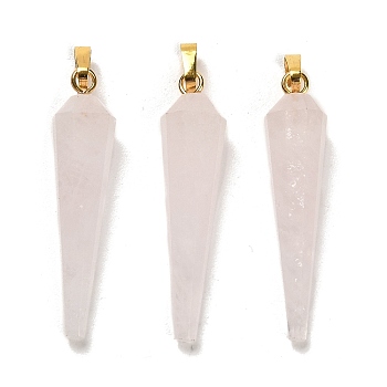 Natural Rose Quartz Pointed Pendants, Faceted Cone Charms with Golden Plated Barss Snap on Bails, 35~35.5x8~8.5mm, Hole: 6.5x4mm