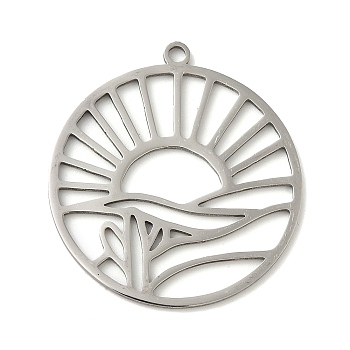 201 Stainless Steel Pendants, Flat Round with Sun, Stainless Steel Color, 27.5x25x1mm, Hole: 1.5mm