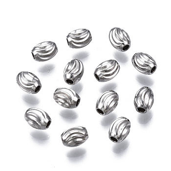 201 Stainless Steel Corrugated Beads, Oval, Stainless Steel Color, 5x4mm, Hole: 1.5mm