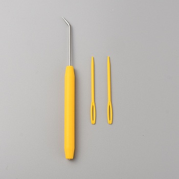 Plastic & Iron Bent Tip Crochet Needle, with Yarn Needle, Gold, 147x9x12mm & 69.5x4.5x2mm, 3pcs/set
