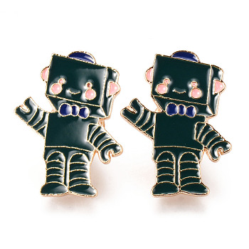 Alloy Enamel Brooches, Enamel Pin, with Brass Butterfly Clutches, Robot, Light Gold, Cadmium Free & Nickel Free & Lead Free, Dark Slate Gray, 29x22x2mm, Pin: 1mm