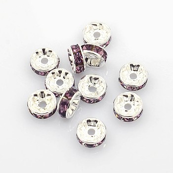 Brass Grade A Rhinestone Spacer Beads, Silver Color Plated, Nickel Free, Light Amethyst, 6x3mm, Hole: 1mm