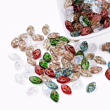 Czech Glass Beads, Electroplated/Gold Inlay Color, Leaf, Mixed Color, 12.5x7.5x3.5mm, Hole: 0.8mm, about 237~243pcs/bag