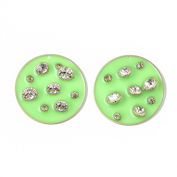 Epoxy Resin Pendants, with Crystal Rhinestone and Light Gold Plated Brass Open Back Bezel, Flat Round, Lawn Green, 40x6.5mm, Hole: 1.5mm