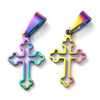 Ion Plating(IP) 304 Stainless Steel Pendants, Hollow, Cross, Rainbow Color, 19.5x12x1.2mm, Hole: 3.5x7mm