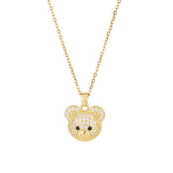 Brass Pave Crystal Rhinestone Pendant Necklaces for Wowen, Golden, Bear, 15.35 inch(39cm), Pendant: 15.8x16.8mm