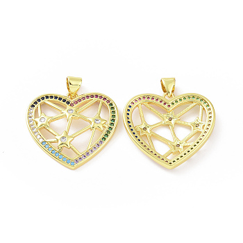 Brass Micro Pave Cubic Zirconia Pendants, Heart with Star Charm, Golden, Colorful, 27.5x25x3.5mm, Hole: 5x3mm