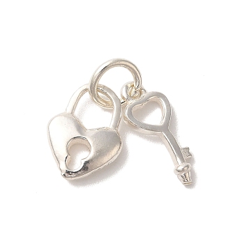 925 Sterling Silver Key & Heart Lock Charms with 925 Stamp and Jump Rings, Silver, Lock: 11x8x2.5mm, Key: 12.5x5.5x2mm, Hole: 4mm