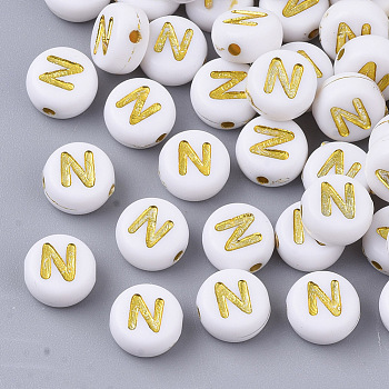 Plating Acrylic Beads, Golden Metal Enlaced, Horizontal Hole, Flat Round with Alphabet, White, Letter.N, 7x3.5mm, Hole: 1.2mm, about 3600pcs/500g