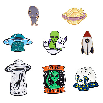 8pcs 8 style Alien Theme Enamel Pins, Alloy Enamel Brooches for Backpack Clothes, Mixed Shape, Mixed Color, 10~43x12.5~34x9~11mm, 1pc/style