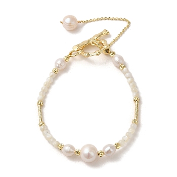 Natural & Pearl & Brass Tube Beaded Bracelets, Real 14K Gold Plated, 7 inch(17.7cm)