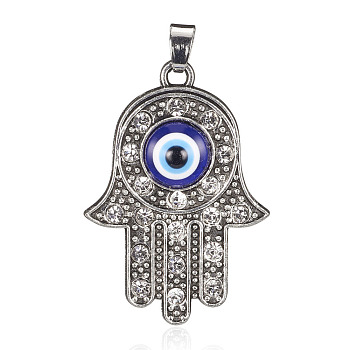 Alloy Pendants, with Rhinestone and Lampwork Cabochons, Hamsa Hand/Hand of Fatima/Hand of Miriam with Evil Eye, Antique Silver, 41.5x29x6mm, Hole: 5x6mm