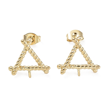 304 Stainless Steel Stud Earring Findings, Triangle, for Half Drilled Beads, Real 18K Gold Plated, 14x15mm, Pin: 1mm