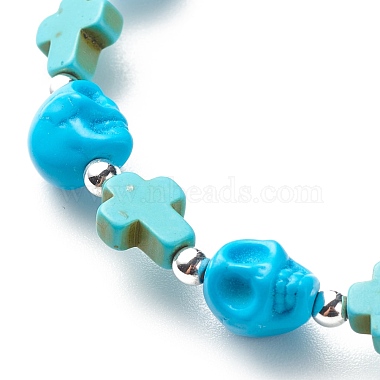 bracelet extensible en perles de turquoise synthétique (teint) avec croix et tête de mort(BJEW-JB08452-04)-5