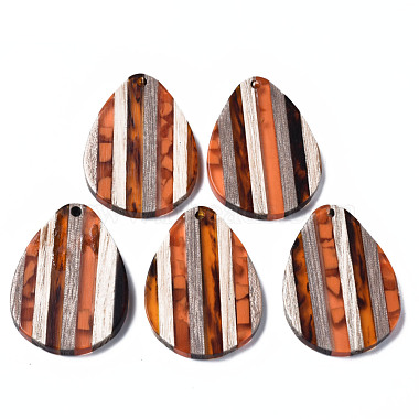 Dark Orange Teardrop Resin+Wood Pendants