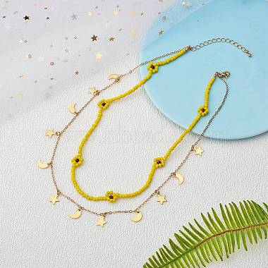 Glass Seed Braided Flower Double Layer Necklace(NJEW-SW00015-01)-2