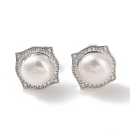 Sterling Silver Stud Earrings, with Natural Pearl and Cubic Zirconia, Jewely for Women, Square, 11.5x11.5mm(EJEW-C087-09D-P)