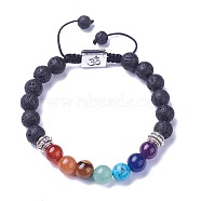 Chakra Jewelry, Natural & Synthetic Mixed Stone Braided Bead Bracelets, with Natural Lava Rock, Alloy Findings and Nylon Cord, Rectangle with Om Symbol, 2 inch~3 inch(5.2~7.6cm)(BJEW-I273-I07)
