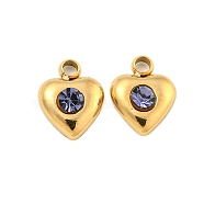 304 Stainless Steel Pendants, with Rhinestone, Heart Charms, Real 14K Gold Plated, Tanzanite, 7x6x2.5mm, Hole: 1.2mm(STAS-L080-008G-03)