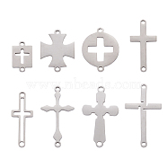 16Pcs 8 Style Laser Cut 201 Stainless Steel Connector Charms, Religion, Cross, Stainless Steel Color, 13~26x8~14.5x1mm, Hole: 1~1.8mm, 2pcs/style(STAS-CF0001-02)