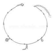 SHEGRACE Rhodium Plated 925 Sterling Silver Charm Anklet, with Cubic Zirconia, Box Chains with Round Beads,High-heeled Shoes and Flower, Platinum, 8-7/8 inch(22.5cm)(JA111A)