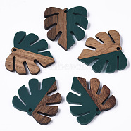 Resin & Wood Pendants, Tropical Leaf Charms, Monstera Leaf Pendant, Teal, 30x28x3.5mm, Hole: 2mm(RESI-S358-24K)