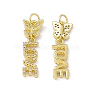 Rack Plating Brass Micro Pave Cubic Zirconia Pendants, with Jump Ring Cadmium Free & Lead Free, Long-Lasting Plated, Butterfly with Word Love Charm, Real 18K Gold Plated, 28.5x9x3mm, Hole: 3.6mm(ZIRC-I061-04G)