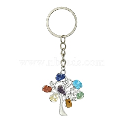 Alloy with Natural & Synthetic Mixed Gemstone Chip Pendant Keychain, with Iron Split Key Rings, Tree of Life, 9.6cm(KEYC-JKC00640-02)