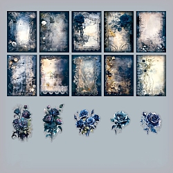 Flower Scrapbook Paper Pads & PET Stickers Set, for DIY Album Scrapbook, Background Paper, Diary Decoration, Marine Blue, 140x100mm, 30pcs/set(PW-WG19486-02)