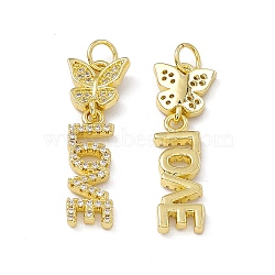 Rack Plating Brass Micro Pave Cubic Zirconia Pendants, with Jump Ring Cadmium Free & Lead Free, Long-Lasting Plated, Butterfly with Word Love Charm, Real 18K Gold Plated, 28.5x9x3mm, Hole: 3.6mm(ZIRC-I061-04G)