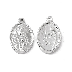 201 Stainless Steel Pendants, Oval with Saint & Word Pray for us Charm, Stainless Steel Color, 23x14.5x3mm, Hole: 1.6mm(STAS-J401-VC624)