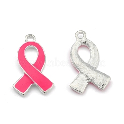 Breast Cancer Pink Awareness Ribbon Alloy Enamel Pendants, Silver Color Plated, 25x15x2mm, Hole: 2mm(X-ENAM-E262-S)