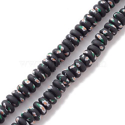 Handmade Polymer Clay Beads Strand, Flat Round with Flower, Black, 6~9x4mm, Hole: 1.6mm, about 100~117pcs/strand, 15.51~16.10''(39.4~40.9cm)(CLAY-A003-01A)