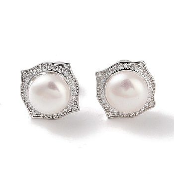 Sterling Silver Stud Earrings, with Natural Pearl and Cubic Zirconia, Jewely for Women, Square, 11.5x11.5mm