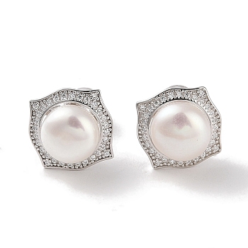 Anti-Tarnish Sterling Silver Stud Earrings, with Natural Pearl and Cubic Zirconia, Jewely for Women, Square, 11.5x11.5mm