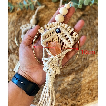 Handmade Macrame Jute Cord with Glass Evil Eye Tassel Car Hanging Ornament, with Wood Beads and Iron Ring for Wall Car Decorations, Old Lace, 100mm