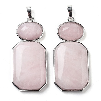 Natural Rose Quartz Human Body Shaped Pendants, Rack Plating Brass Oval & Rectangle Charms, Platinum, 50x22.5x8mm, Hole: 8x5mm