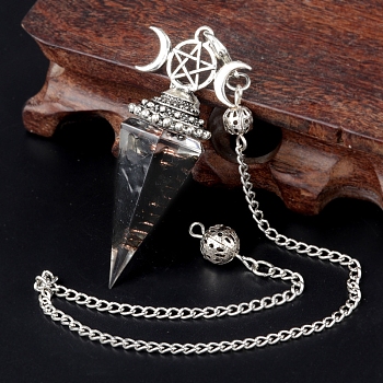 Natural Obsidian Chip & Resin Orgonite Dowsing Pendulum Big Pendants, with Platinum Plated Metal Triple Moon Pentagram, Hexagonal Cone Charm Charm, 300mm