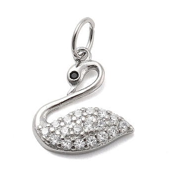 925 Sterling Silver Micro Pave Clear Cubic Zirconia Charms, with 925 Stamp and Jump Rings, Silver Color Plated, Swan, 12.5x11x2mm, Hole: 4mm