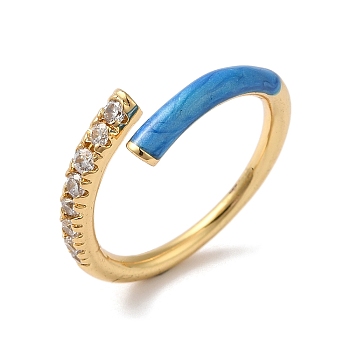 Rack Plating Brass Cubic Zirconia Open Cuff Rings for Women, with Enamel, Cadmium Free & Lead Free, Dodger Blue, Inner Diameter: 17mm