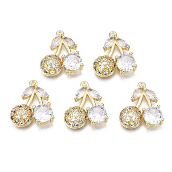 Brass Micro Pave Clear Cubic Zirconia Pendants, Cherry, Real 18K Gold Plated, 16x14x4mm, Hole: 1mm