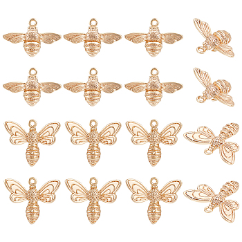 16Pcs 2 Styles Brass Pendants, Bees, Real 18K Gold Plated, 11.5~14x17x4.5~5mm, Hole: 1mm, 8pcs/style