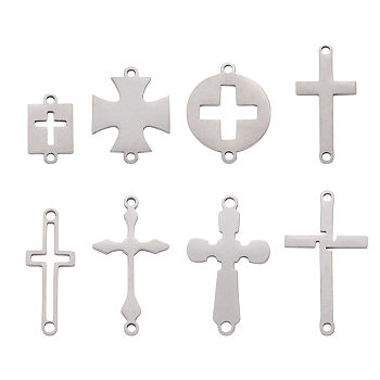 16Pcs 8 Style Laser Cut 201 Stainless Steel Connector Charms, Religion, Cross, Stainless Steel Color, 13~26x8~14.5x1mm, Hole: 1~1.8mm, 2pcs/style